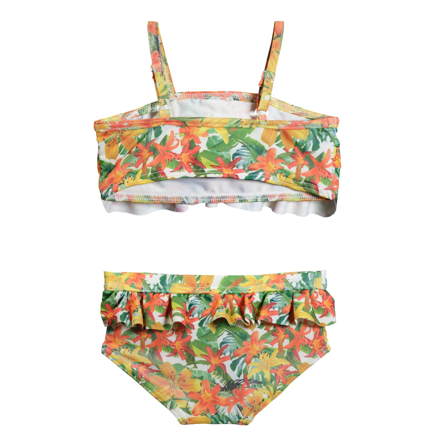 Hawaii virágos két részes kislány bikini szett, állítható vállpántokkal, klasszikus bugyi szabású alsóval, hátulról fotózva, fehér háttéren.