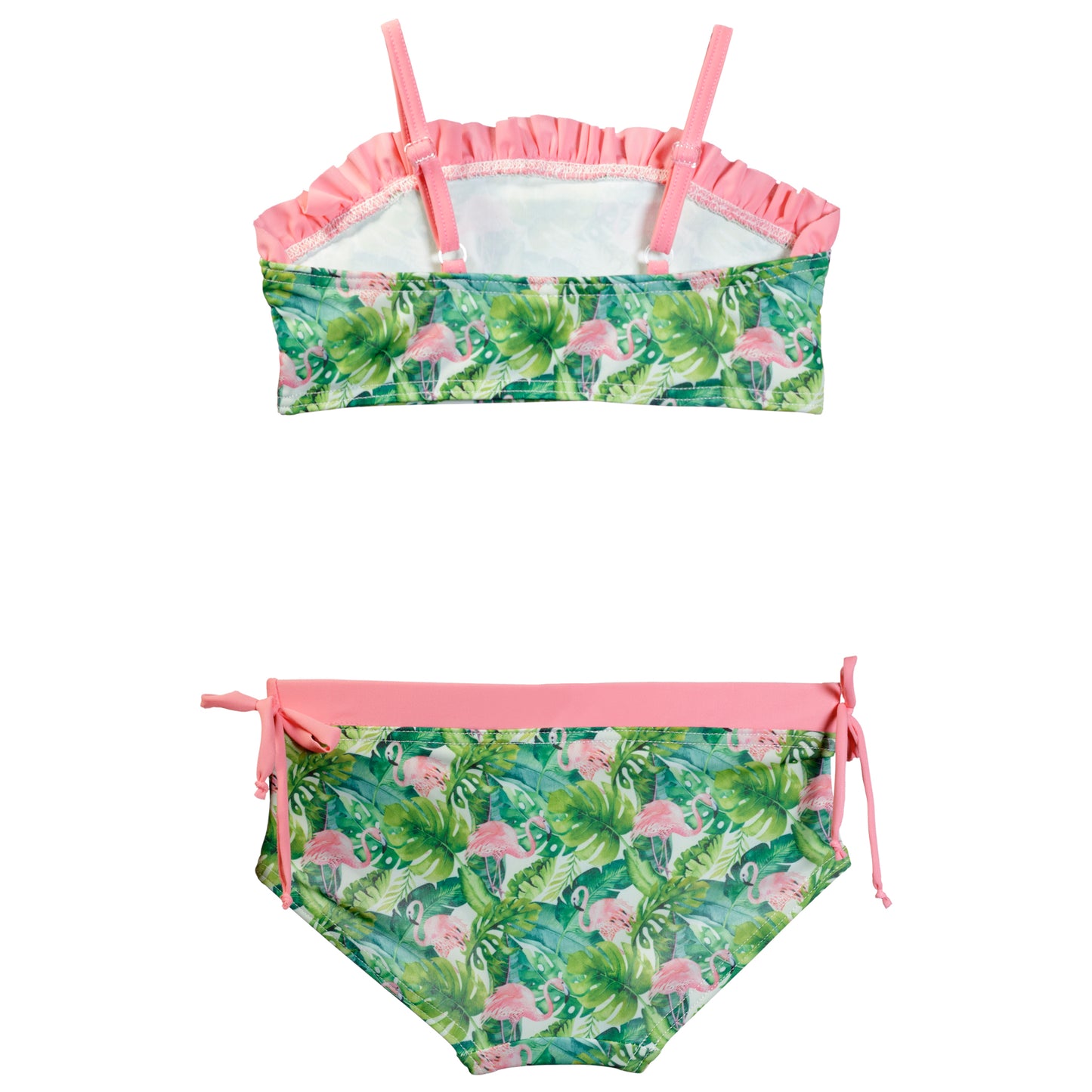 Trópusi levél és flamingó mintájú kétrészes kislány bikini szett, rózsaszín gumírozott derékrésszel, állítható vállpántokkal, hátulról fotózva fehér a háttéren.