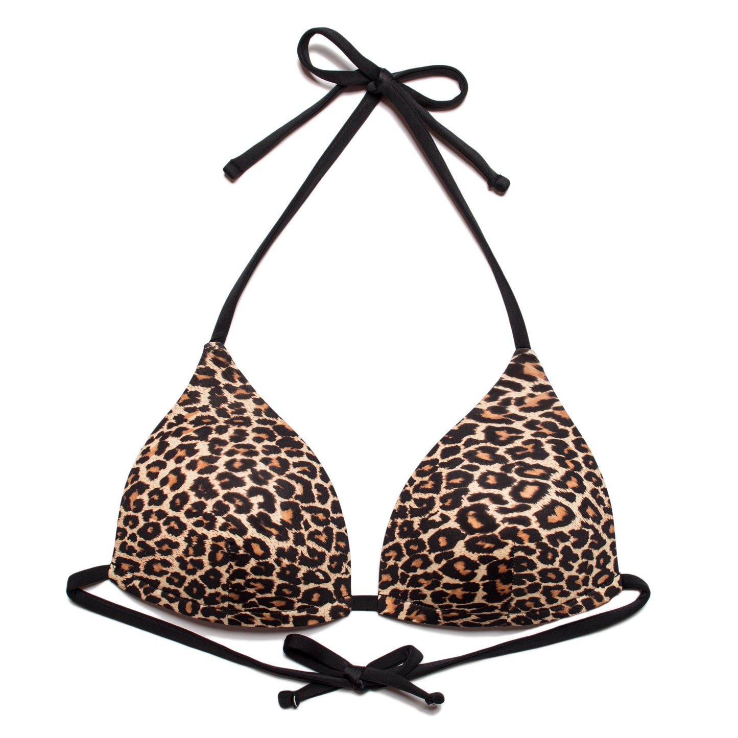 Leopárdmintás háromszög fazonú női bikini felső elölnézet, fekete megkötőkkel, fehér háttéren.