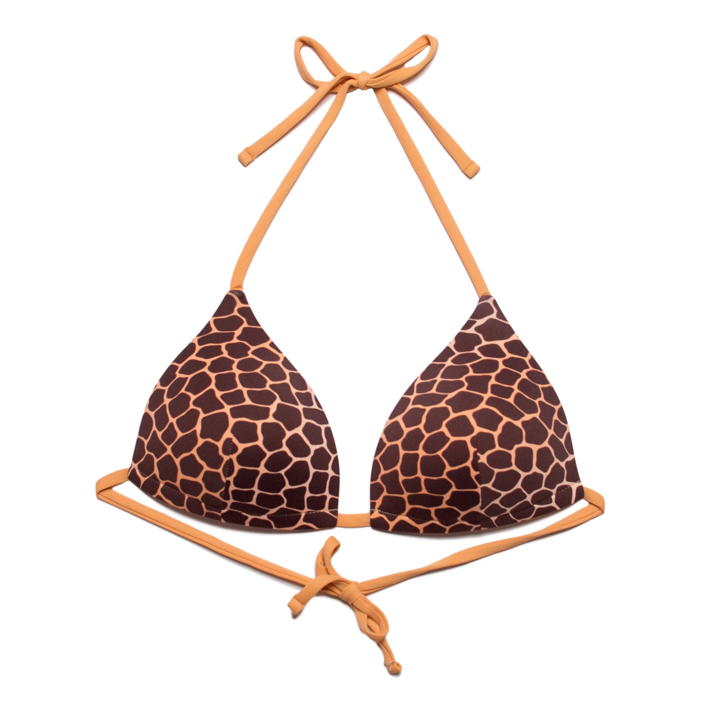 Zsiráf mintás, háromszög fazonú, női bikini felső elölről, kontrasztos, megkötős pántokkal, fehér alapon.