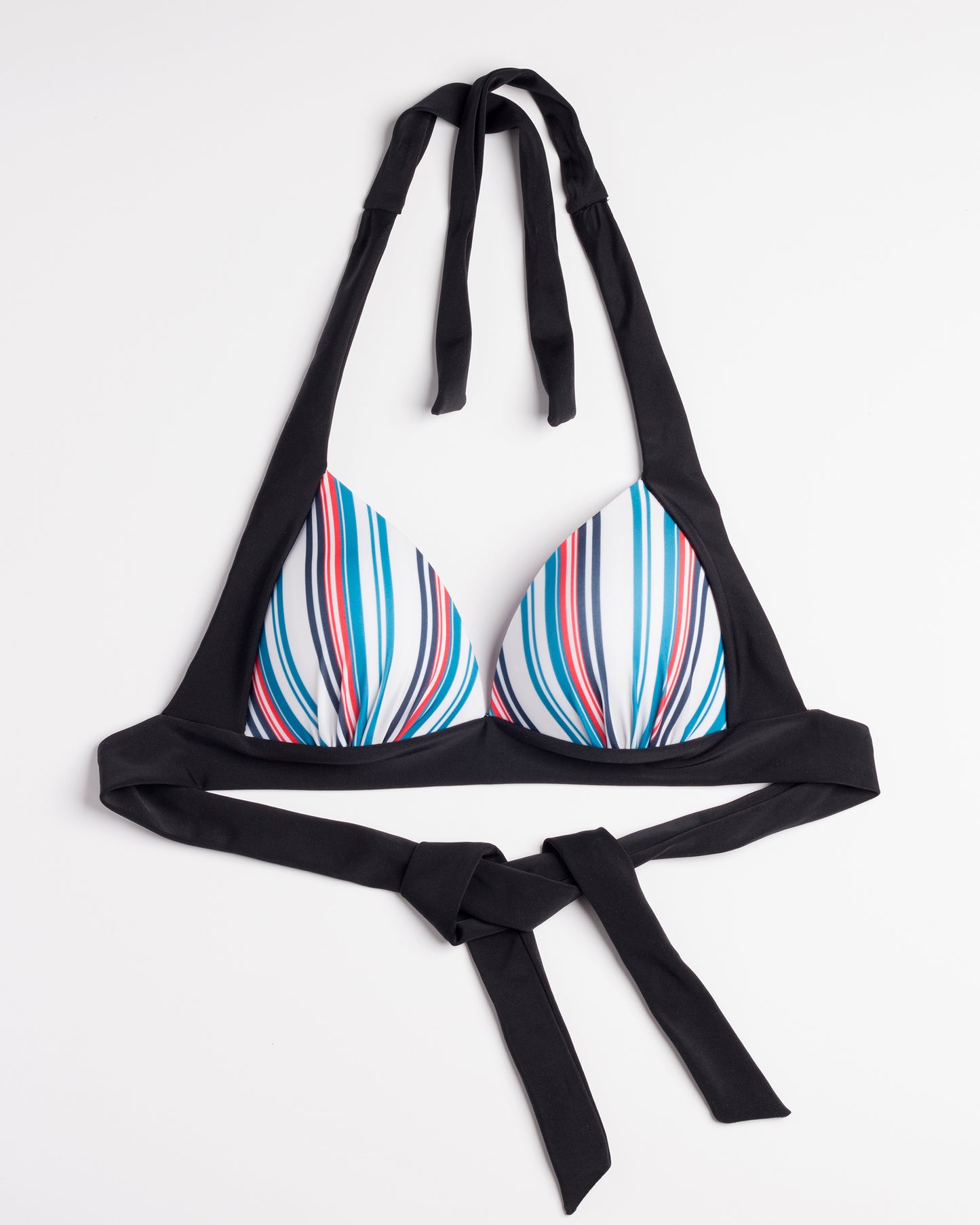 Navalang - Fehér alapon kék és piros csíkos háromszög push-up bikini felső széles fekete megkötőkkel, előről