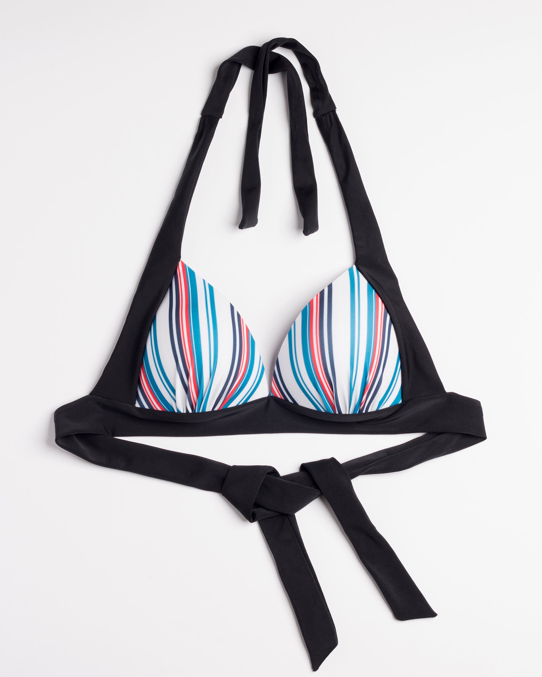 Navalang - Fehér alapon kék és piros csíkos háromszög push-up bikini felső széles fekete megkötőkkel, előről