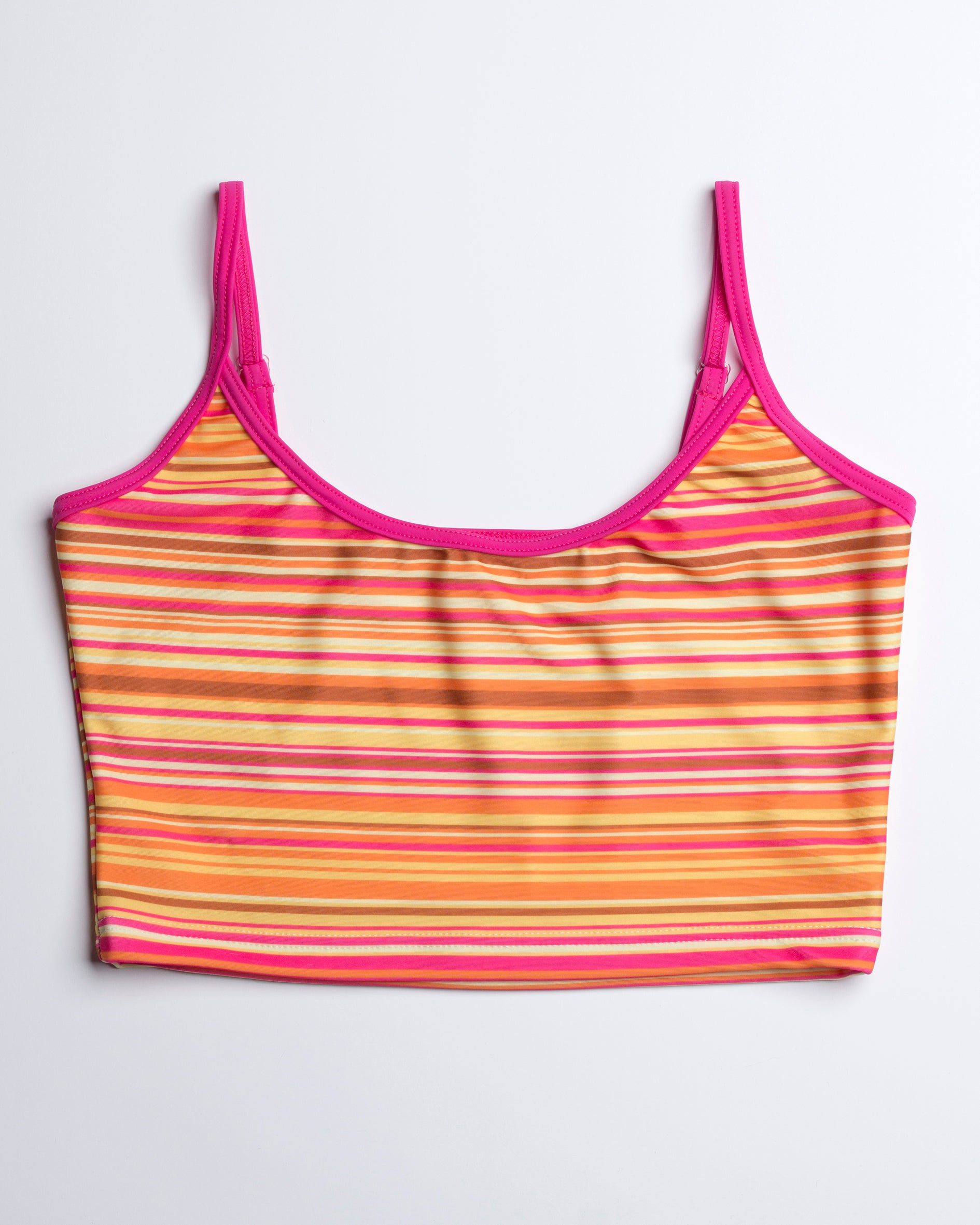 Navalang - Pink csíkos top fazonú bikini felső, kontrasztos pink szegéllyel és állítható pántokkal, előről fotózva, fehér háttéren