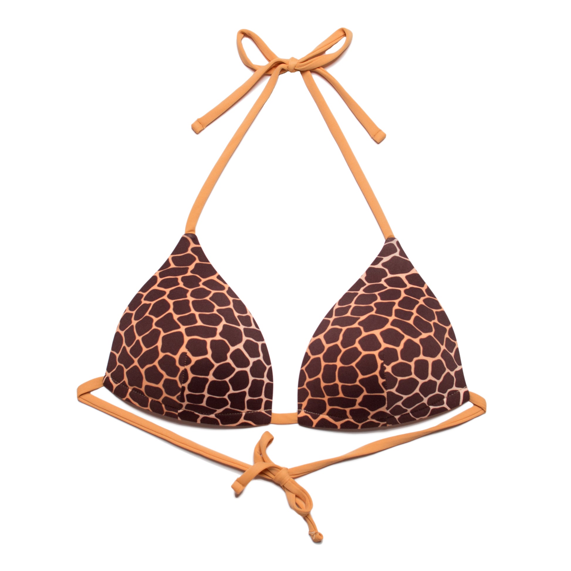 Zsiráf mintás, háromszög fazonú, női bikini felső elölről, kontrasztos, megkötős pántokkal, fehér alapon.